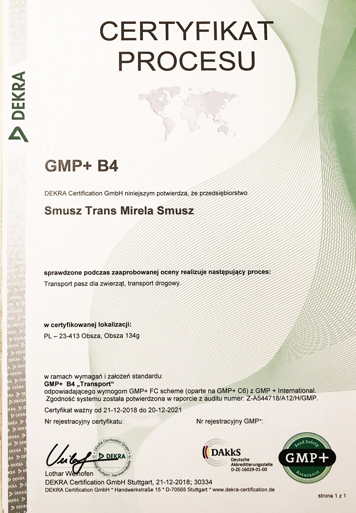 Certyfikat GMP+ B4